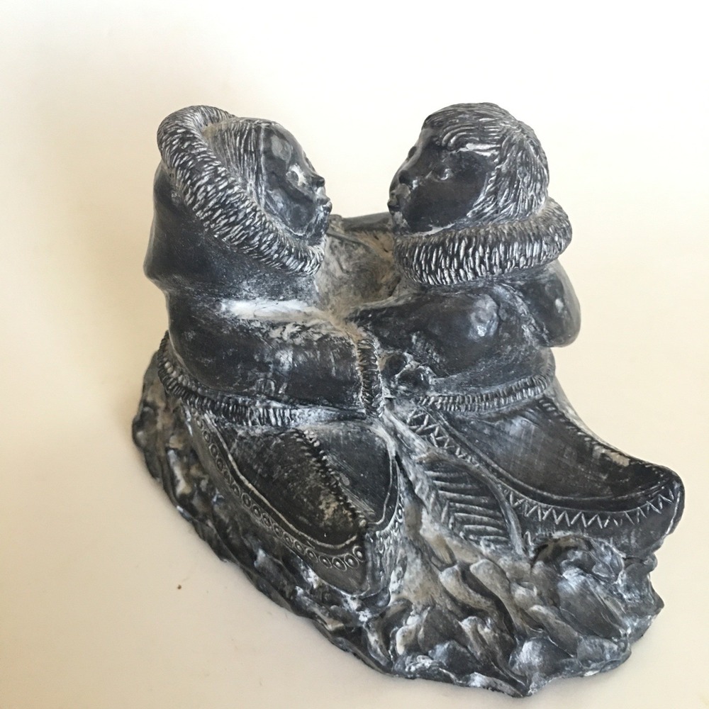 The Wolf Sculptures Handmade Canadian Soapstone Inuit Carving Eskimos in Kayaks